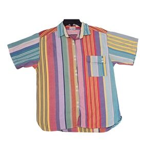 Koret Vintage Multi Color Striped Button Down Shirt Short Sleeve Cotton Mens M